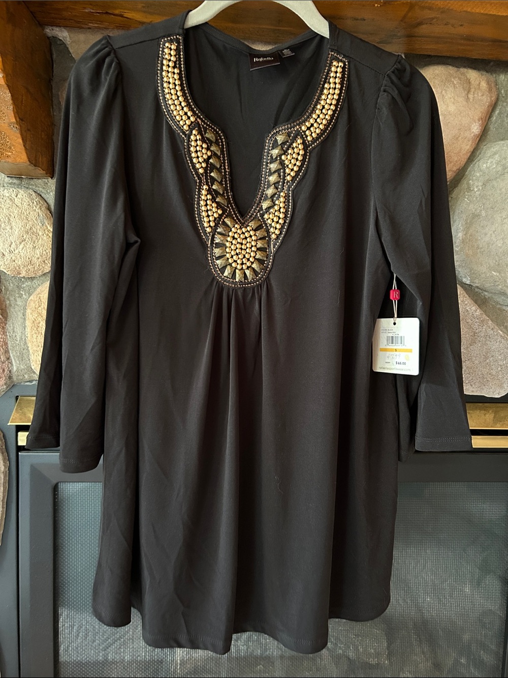 Rafaella Black Tunic with Gold Beaded V-Neck, Size S, NWT